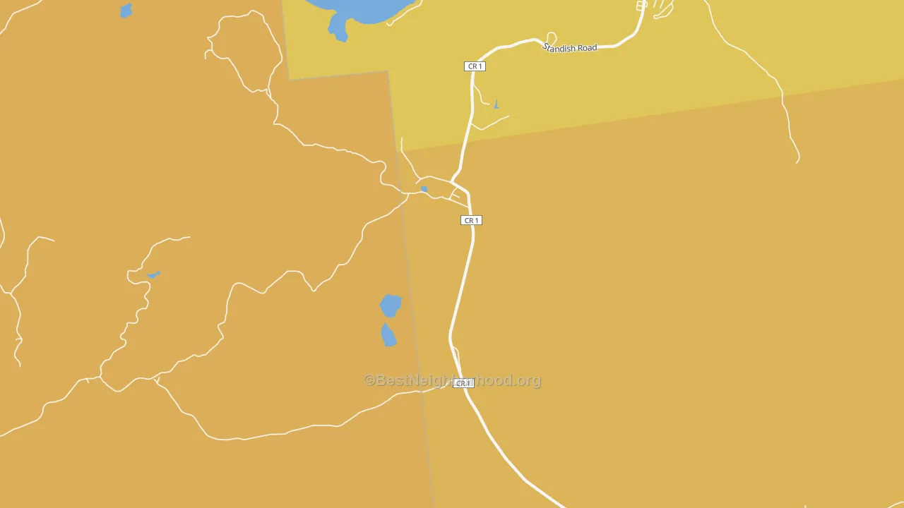 Map of the best neighborhoods in the Standish area, with better matches in green and worse matches in red