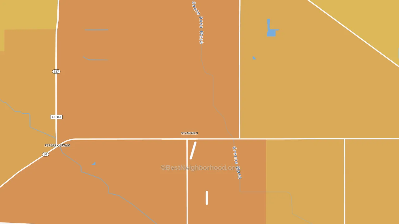Map of the best neighborhoods in the Stanfield area, with better matches in green and worse matches in red
