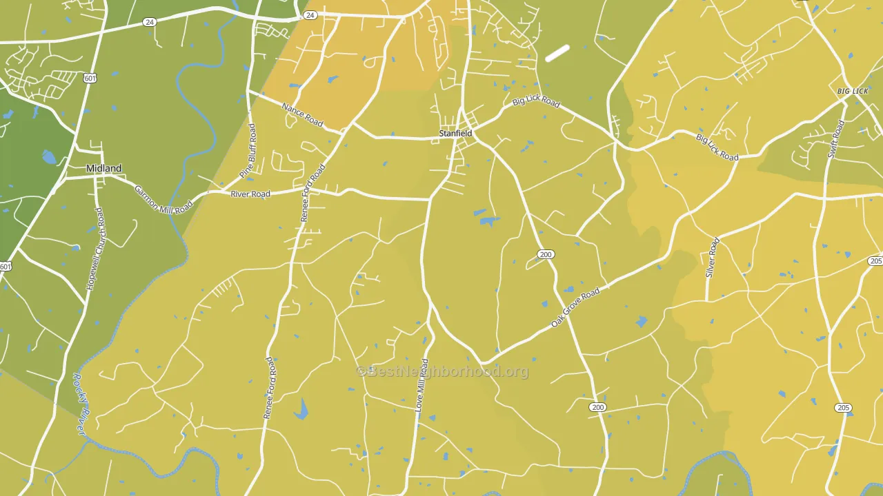 Map of the best neighborhoods in the Stanfield area, with better matches in green and worse matches in red