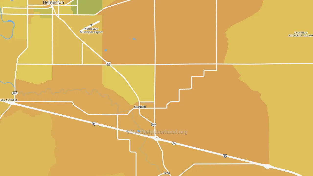 Map of the best neighborhoods in the Stanfield area, with better matches in green and worse matches in red