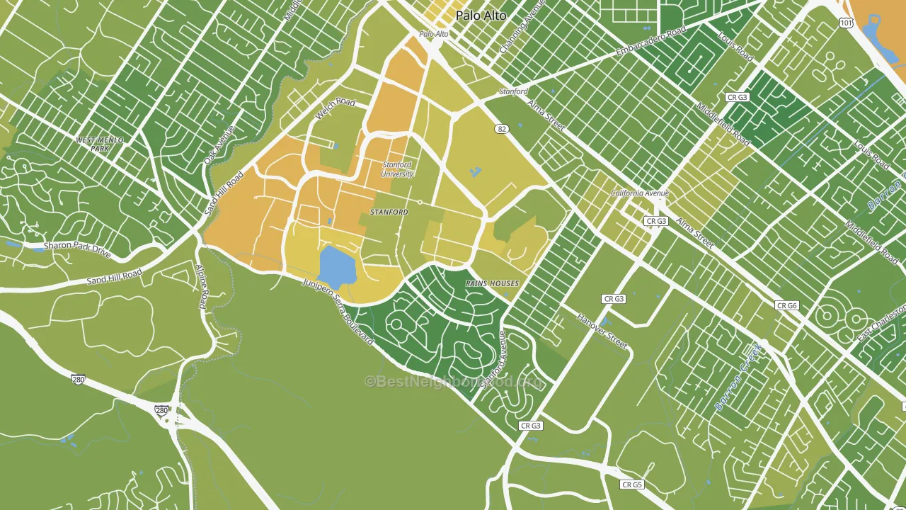 Map of the best neighborhoods in the Stanford area, with better matches in green and worse matches in red