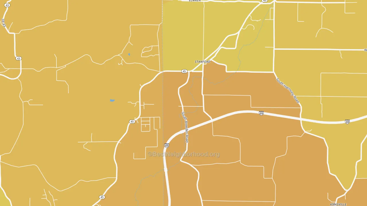 Map of the best neighborhoods in the Stanford area, with better matches in green and worse matches in red