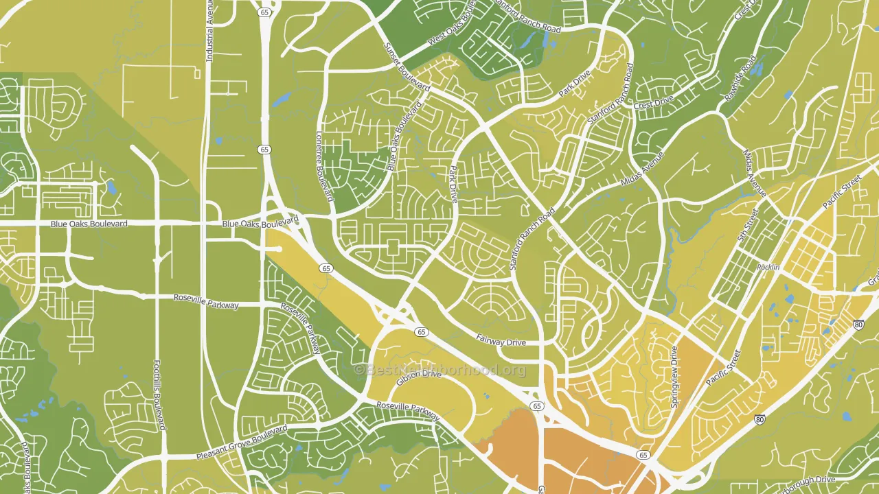 Map of the best neighborhoods in the Stanford, Roseville area, with better matches in green and worse matches in red