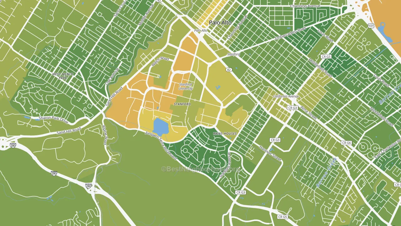 Map of the best neighborhoods in the Stanford University, Stanford area, with better matches in green and worse matches in red