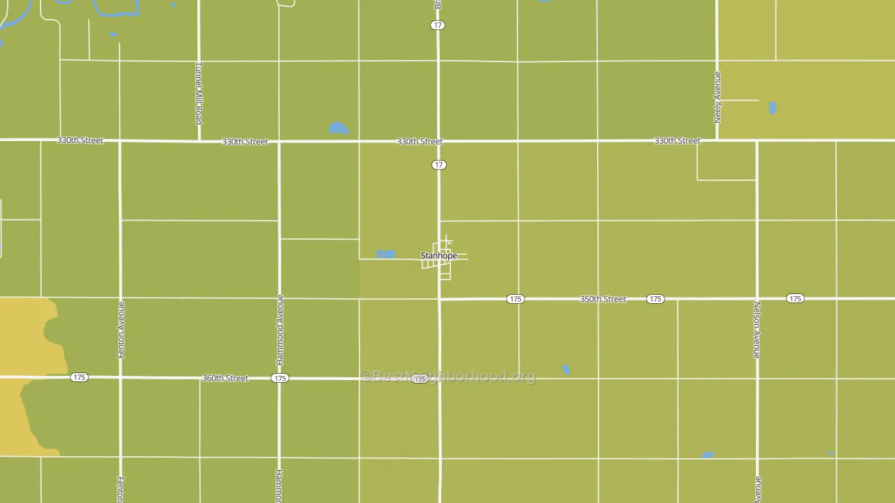 Map of the best neighborhoods in the Stanhope area, with better matches in green and worse matches in red
