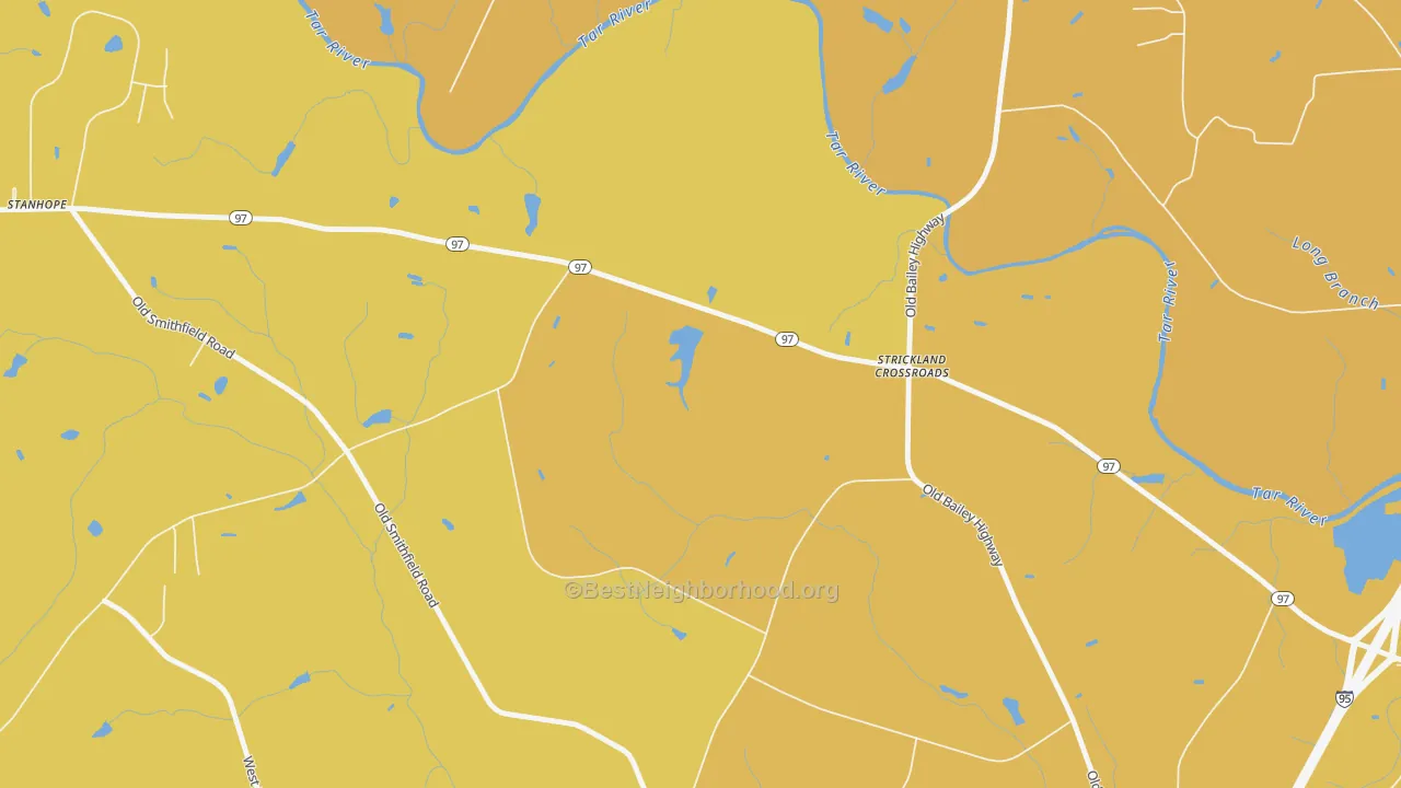Map of the best neighborhoods in the Stanhope area, with better matches in green and worse matches in red