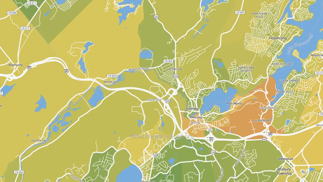 Map of the best neighborhoods in the Stanhope area, with better matches in green and worse matches in red