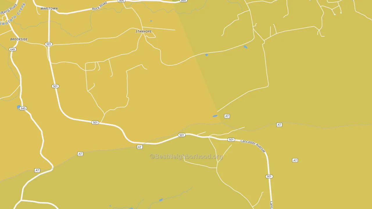 Map of the best neighborhoods in the Stanhope area, with better matches in green and worse matches in red
