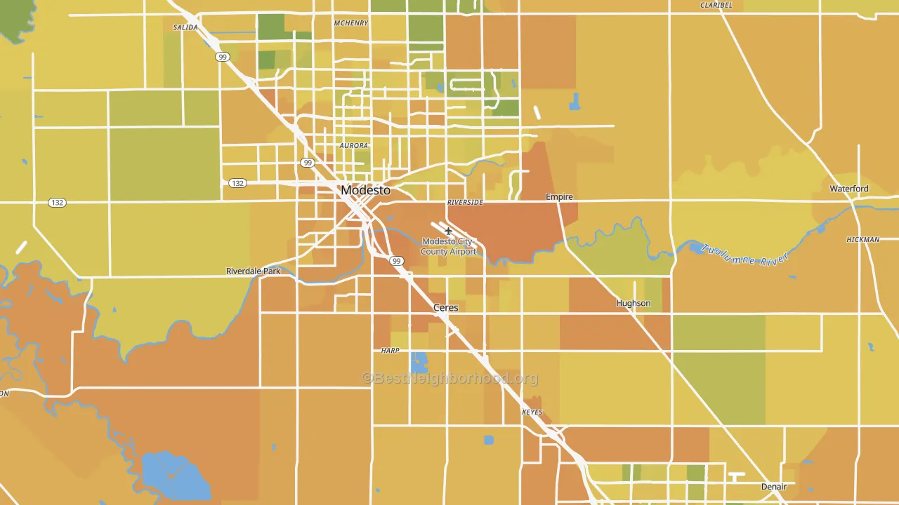 Map of the best neighborhoods in the Stanislaus County area, with better matches in green and worse matches in red