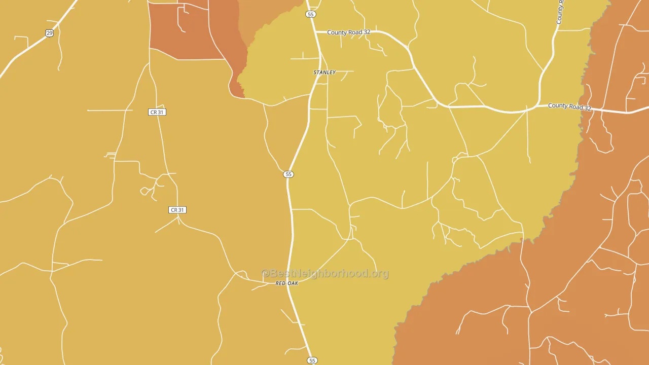 Map of the best neighborhoods in the Stanley area, with better matches in green and worse matches in red