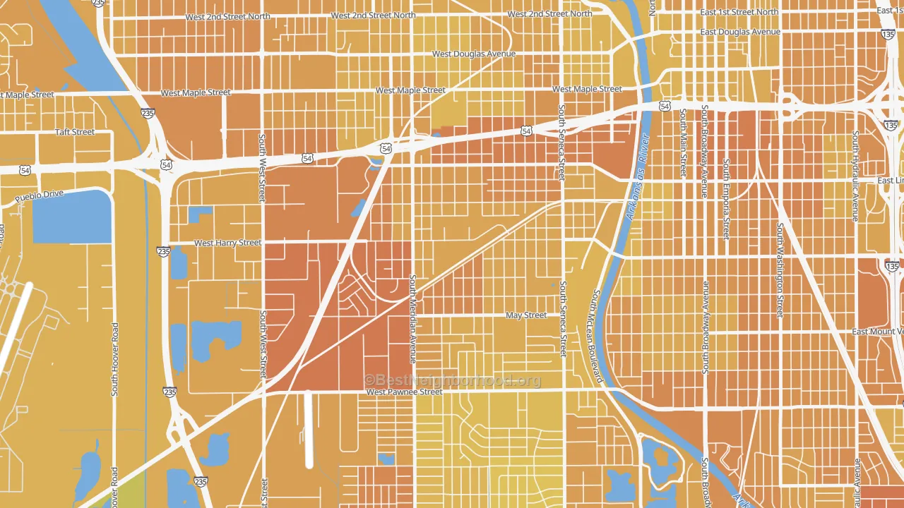 Map of the best neighborhoods in the Stanley-Aley, Wichita area, with better matches in green and worse matches in red