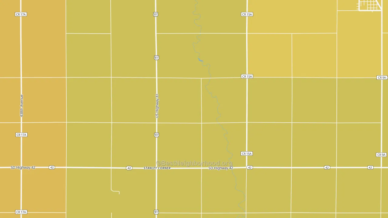 Map of the best neighborhoods in the Stanley Corner area, with better matches in green and worse matches in red