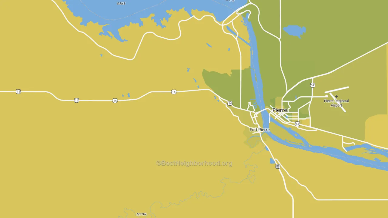 Map of the best neighborhoods in the Stanley County area, with better matches in green and worse matches in red