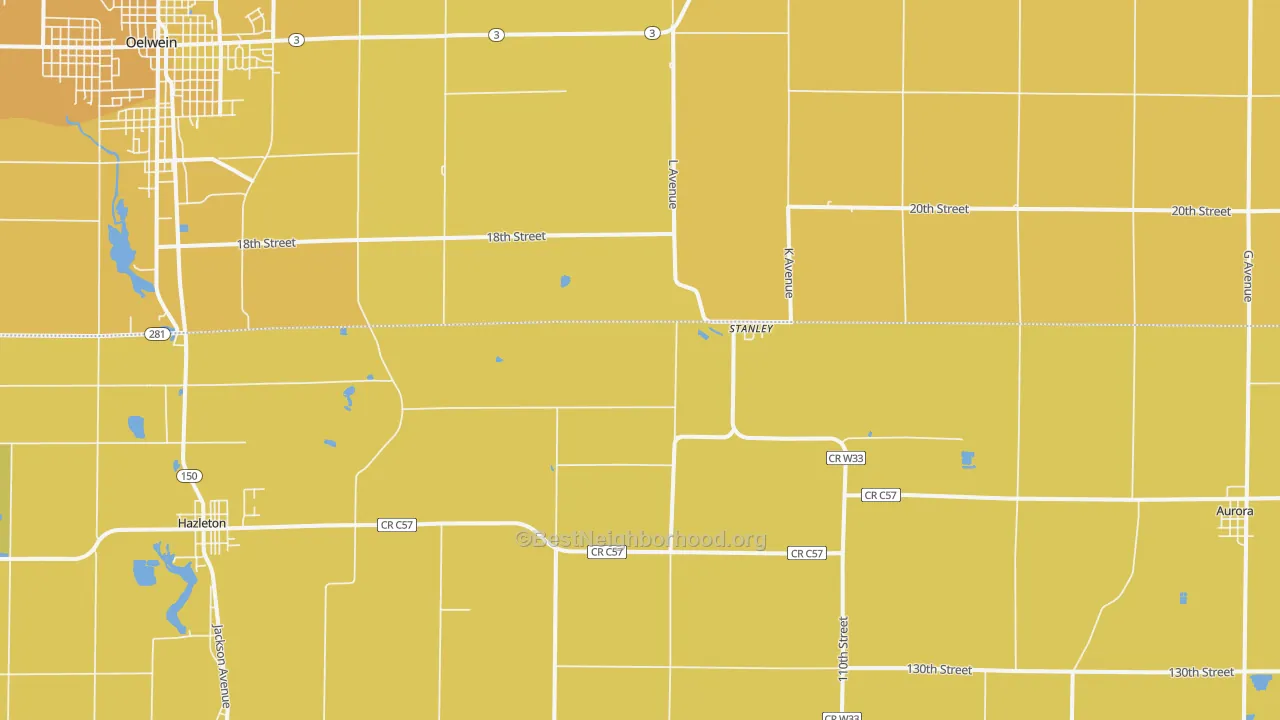 Map of the best neighborhoods in the Stanley area, with better matches in green and worse matches in red