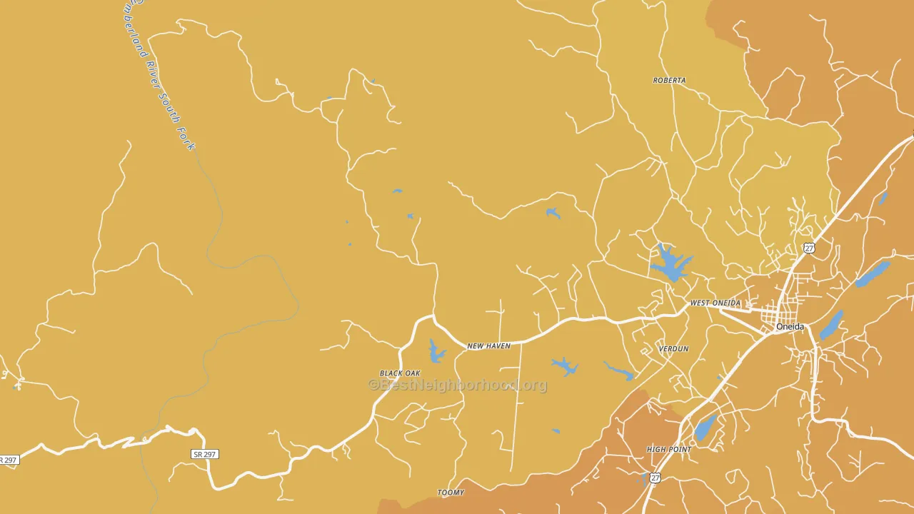 Map of the best neighborhoods in the Stanley Junction area, with better matches in green and worse matches in red