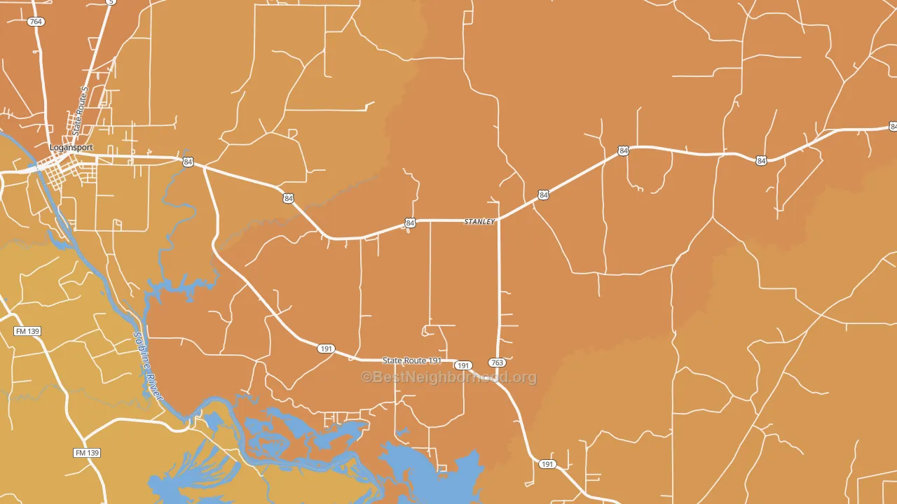 Map of the best neighborhoods in the Stanley area, with better matches in green and worse matches in red