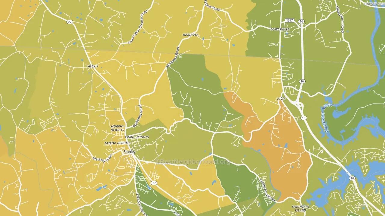 Map of the best neighborhoods in the Stanley area, with better matches in green and worse matches in red