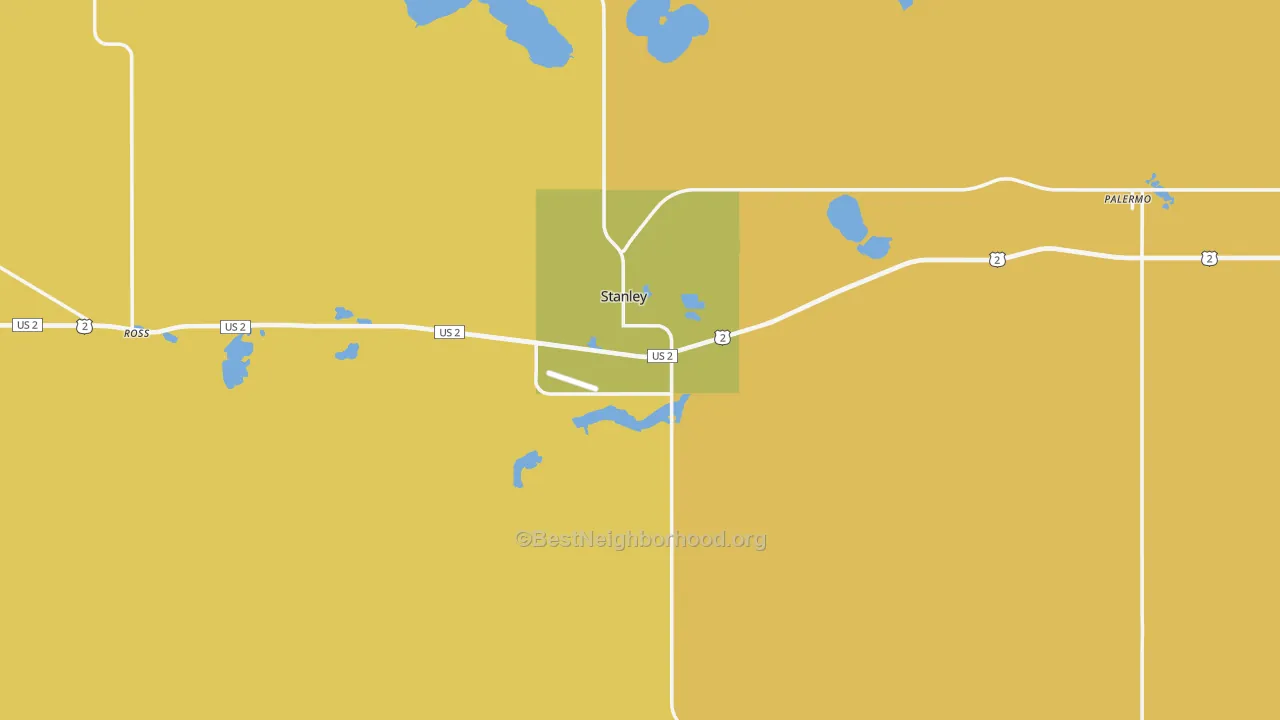Map of the best neighborhoods in the Stanley area, with better matches in green and worse matches in red