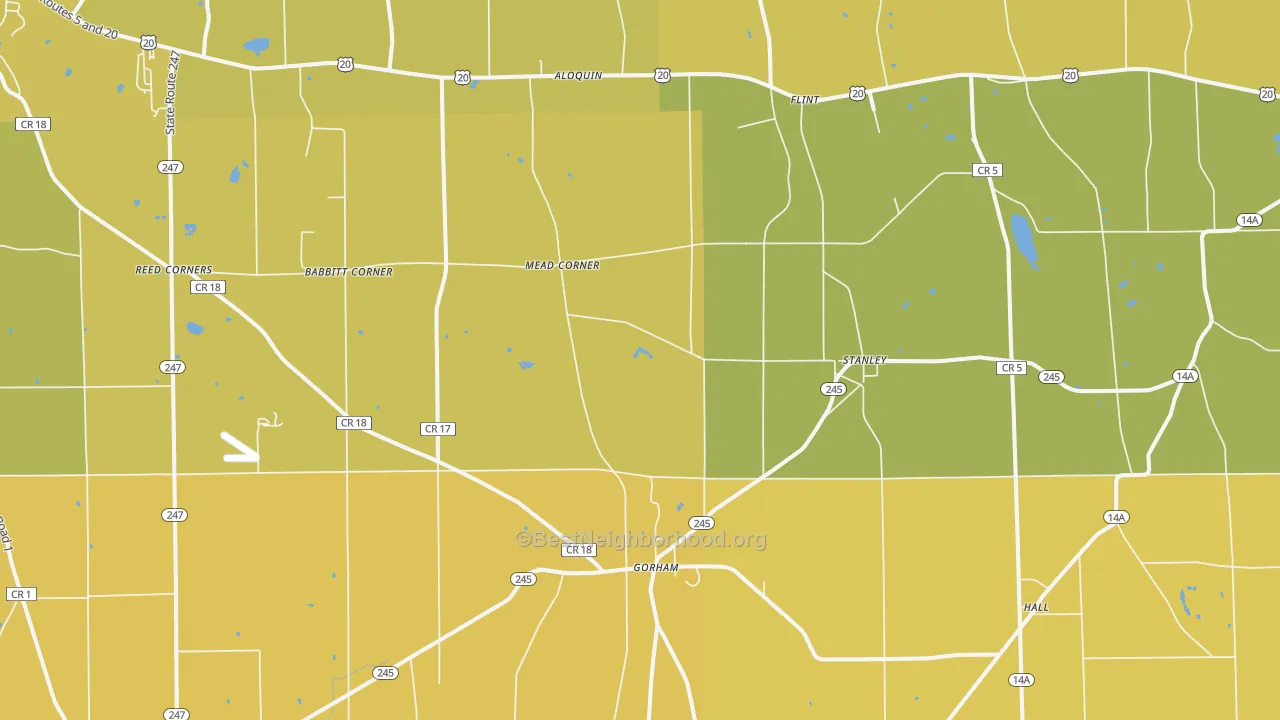 Map of the best neighborhoods in the Stanley area, with better matches in green and worse matches in red