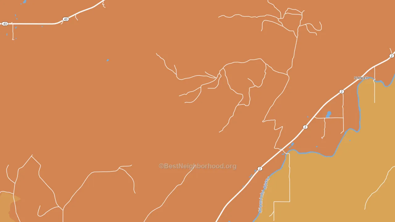 Map of the best neighborhoods in the Stanley area, with better matches in green and worse matches in red