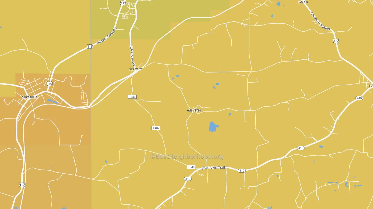 Map of the best neighborhoods in the Stanley area, with better matches in green and worse matches in red