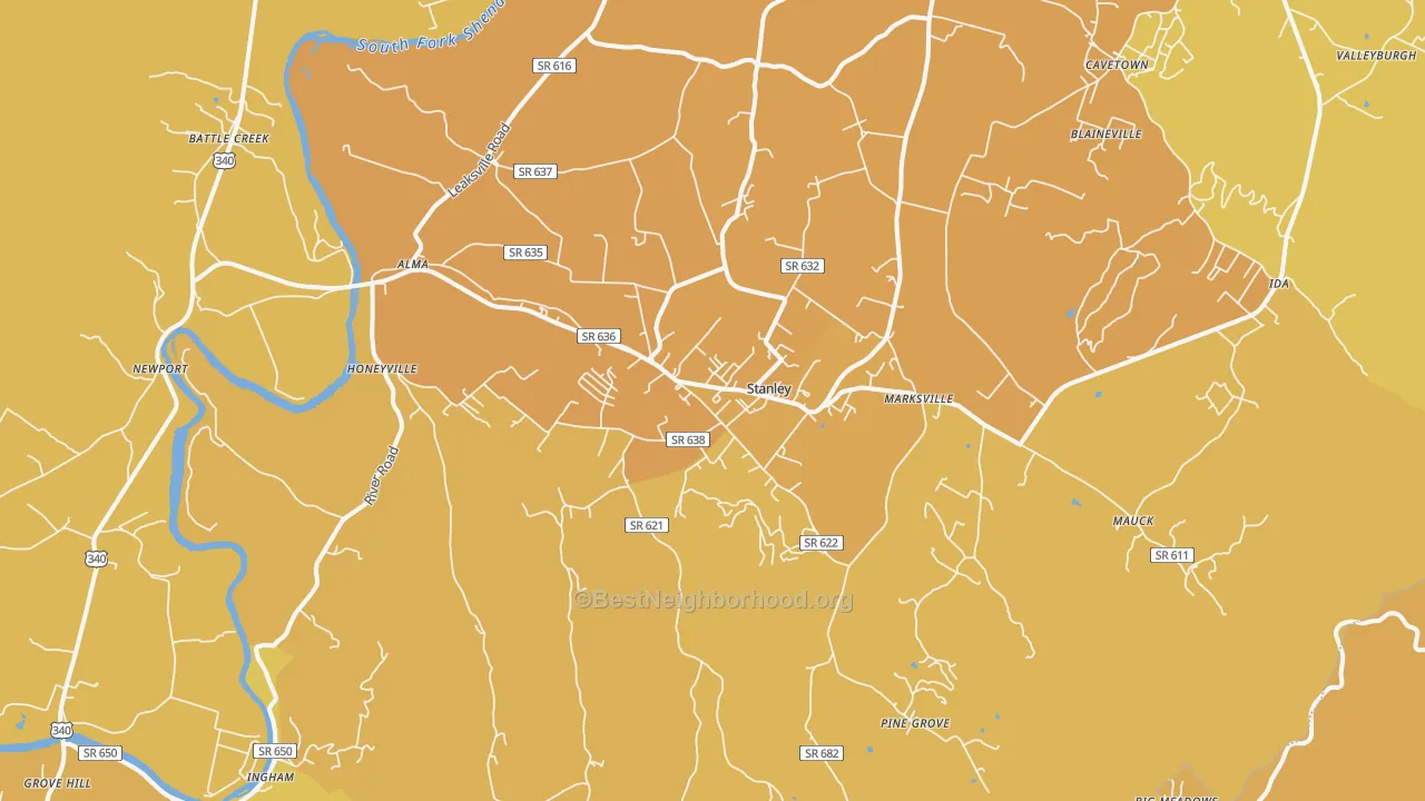 Map of the best neighborhoods in the Stanley area, with better matches in green and worse matches in red