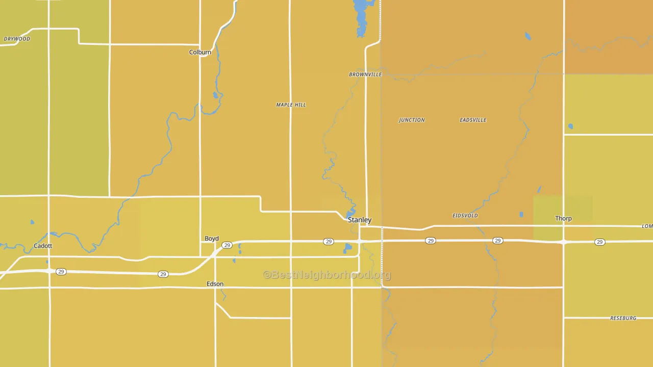 Map of the best neighborhoods in the Stanley area, with better matches in green and worse matches in red