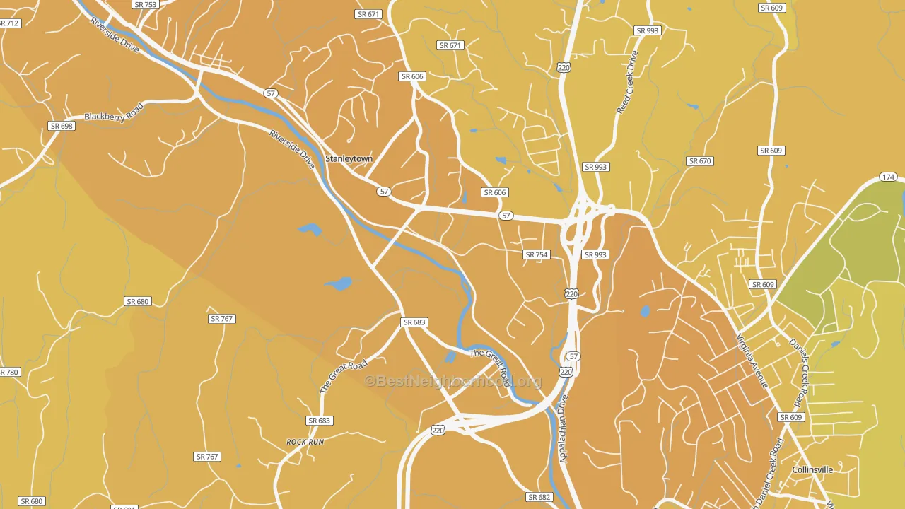 Map of the best neighborhoods in the Stanleytown area, with better matches in green and worse matches in red