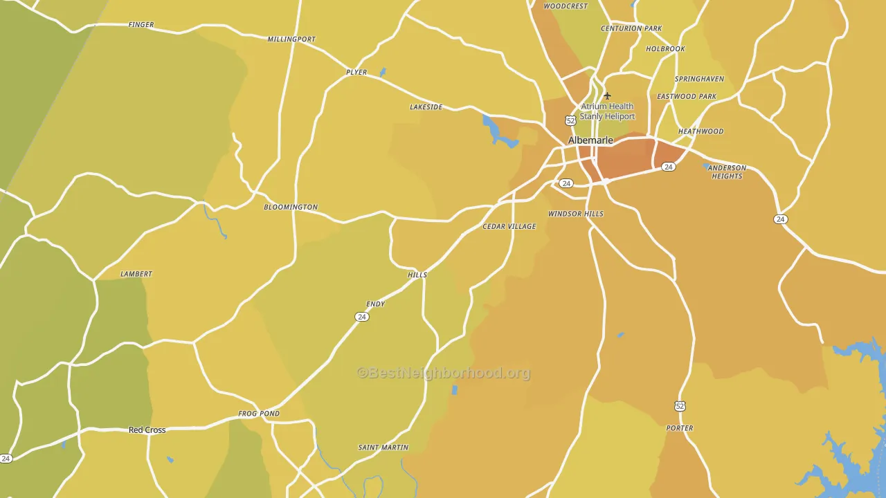 Map of the best neighborhoods in the Stanly County area, with better matches in green and worse matches in red