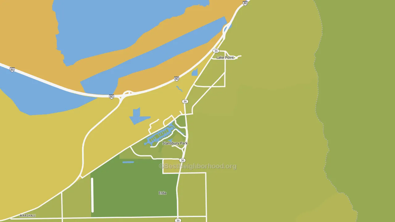 Map of the best neighborhoods in the Stansbury Park area, with better matches in green and worse matches in red