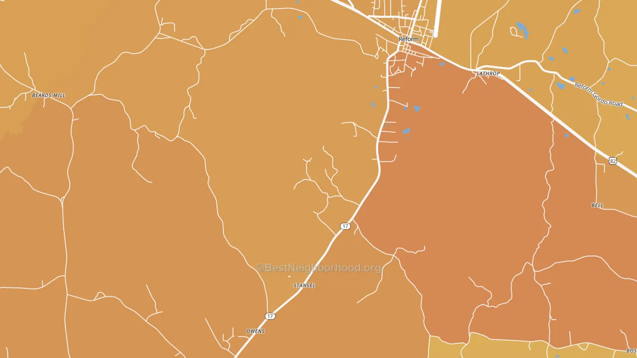 Map of the best neighborhoods in the Stansel area, with better matches in green and worse matches in red