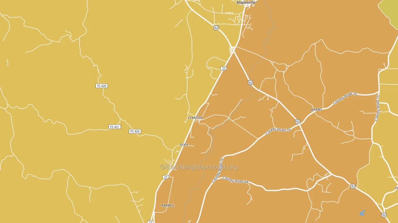 Map of the best neighborhoods in the Stanton area, with better matches in green and worse matches in red