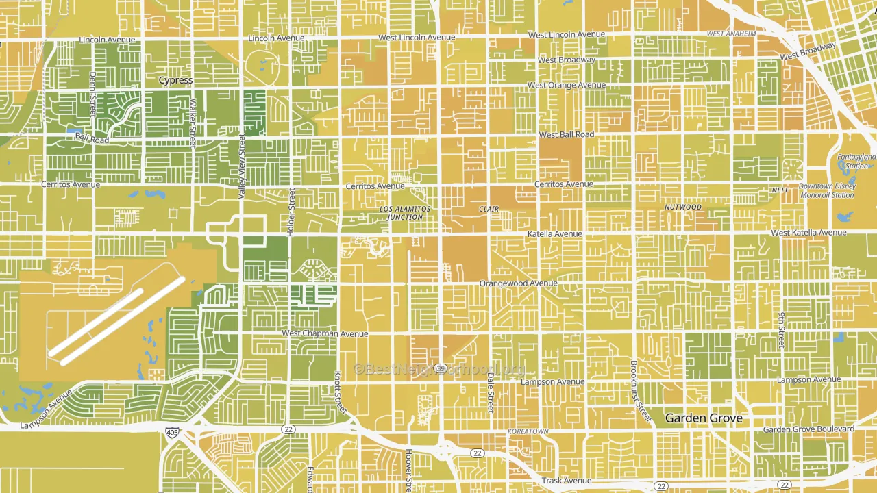Map of the best neighborhoods in the Stanton area, with better matches in green and worse matches in red