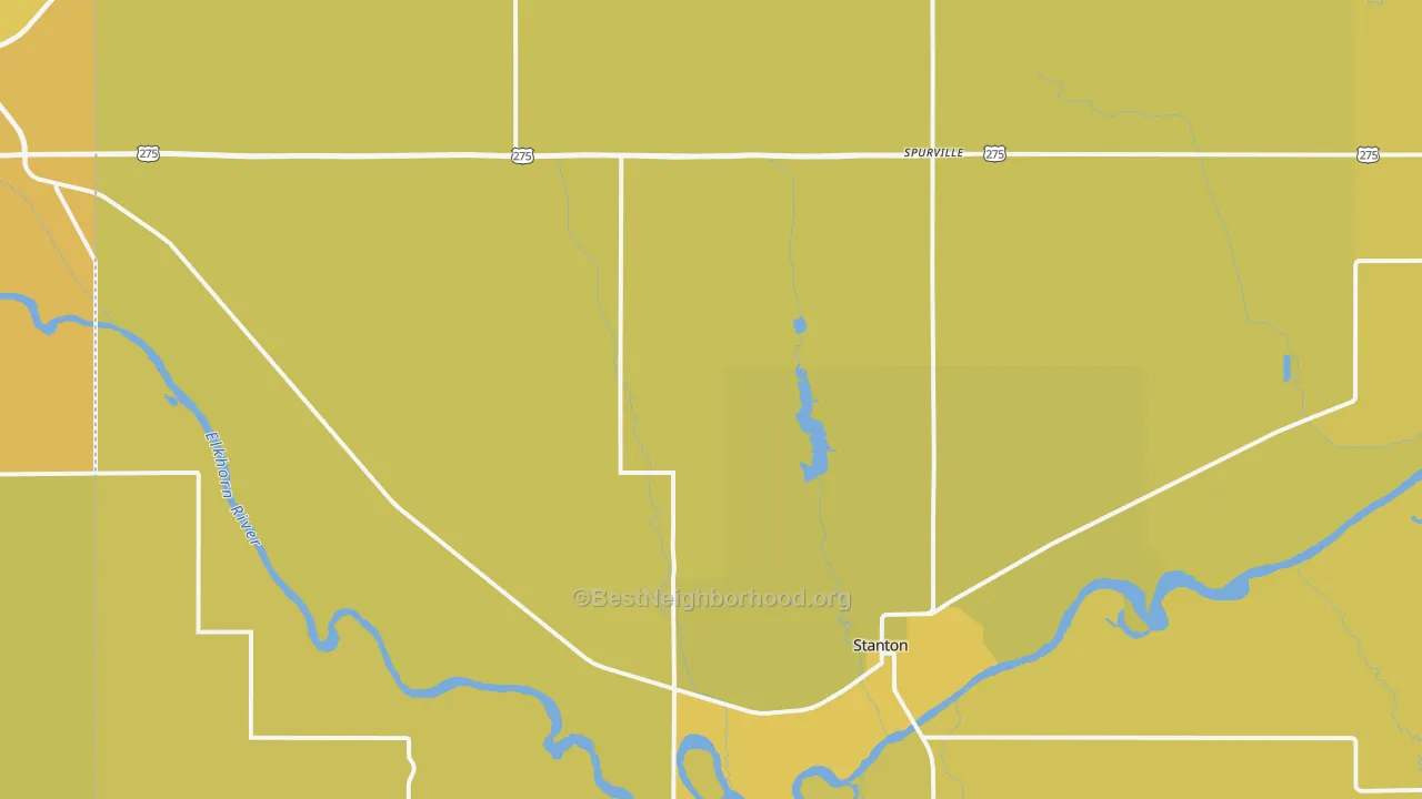 Map of the best neighborhoods in the Stanton County area, with better matches in green and worse matches in red