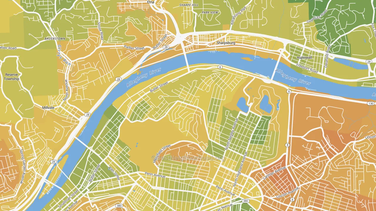 Map of the best neighborhoods in the Stanton Heights, Pittsburgh area, with better matches in green and worse matches in red