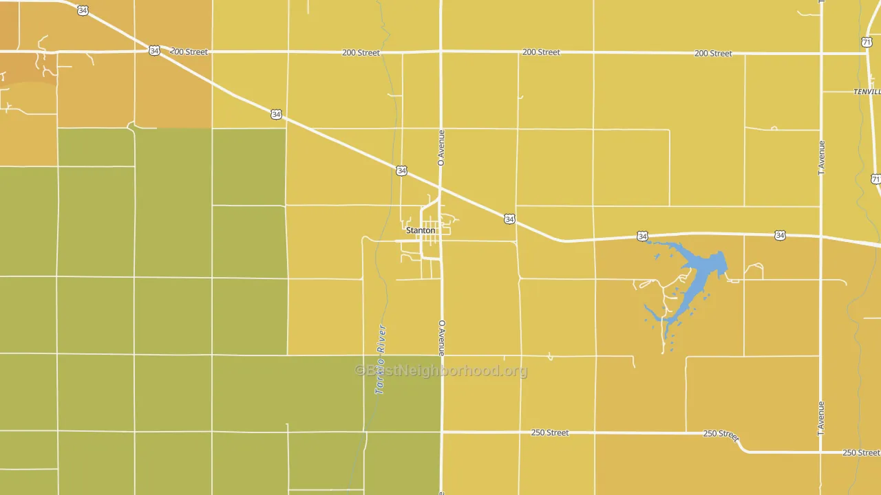 Map of the best neighborhoods in the Stanton area, with better matches in green and worse matches in red