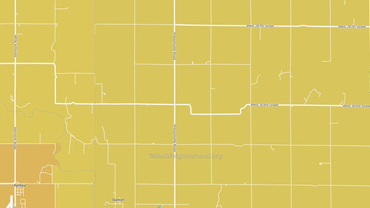 Map of the best neighborhoods in the Stanton area, with better matches in green and worse matches in red