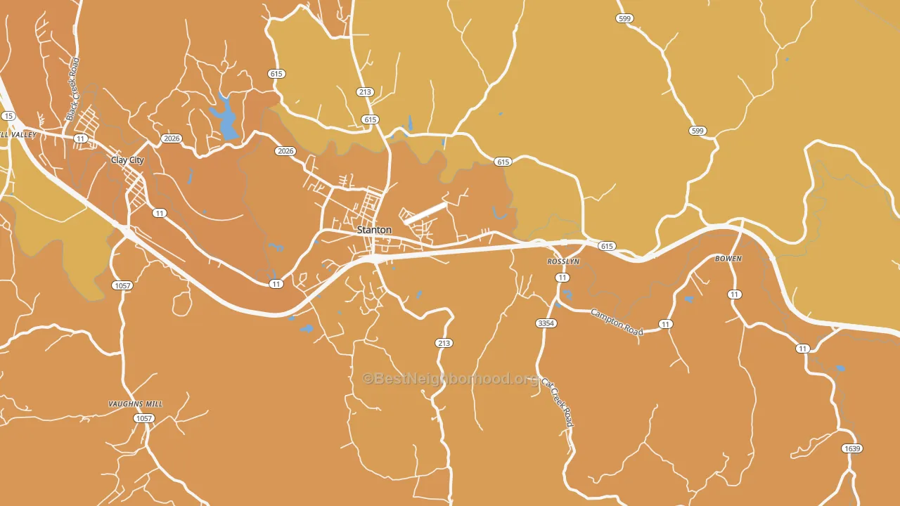 Map of the best neighborhoods in the Stanton area, with better matches in green and worse matches in red