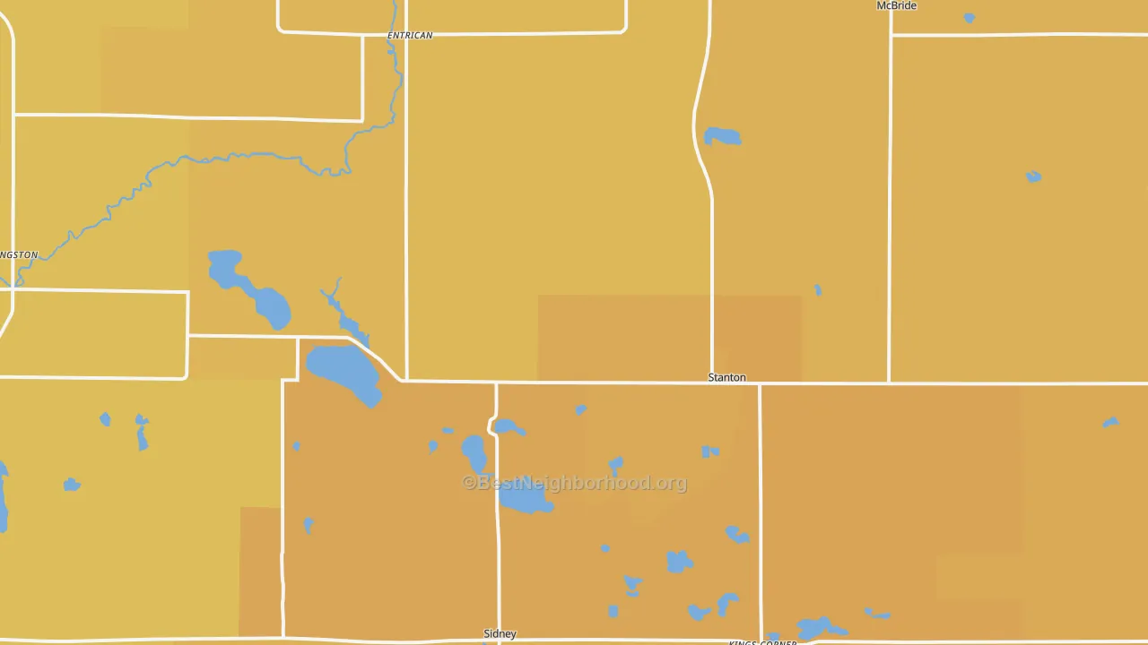 Map of the best neighborhoods in the Stanton area, with better matches in green and worse matches in red