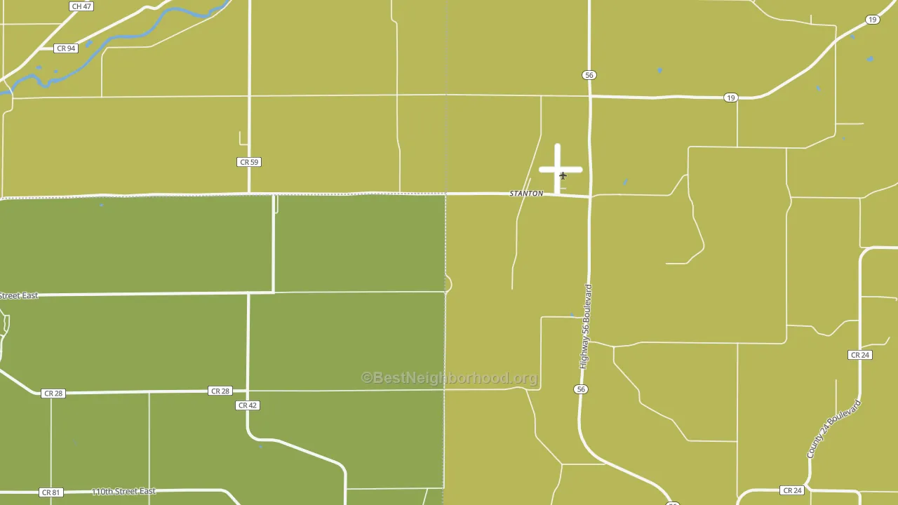 Map of the best neighborhoods in the Stanton area, with better matches in green and worse matches in red