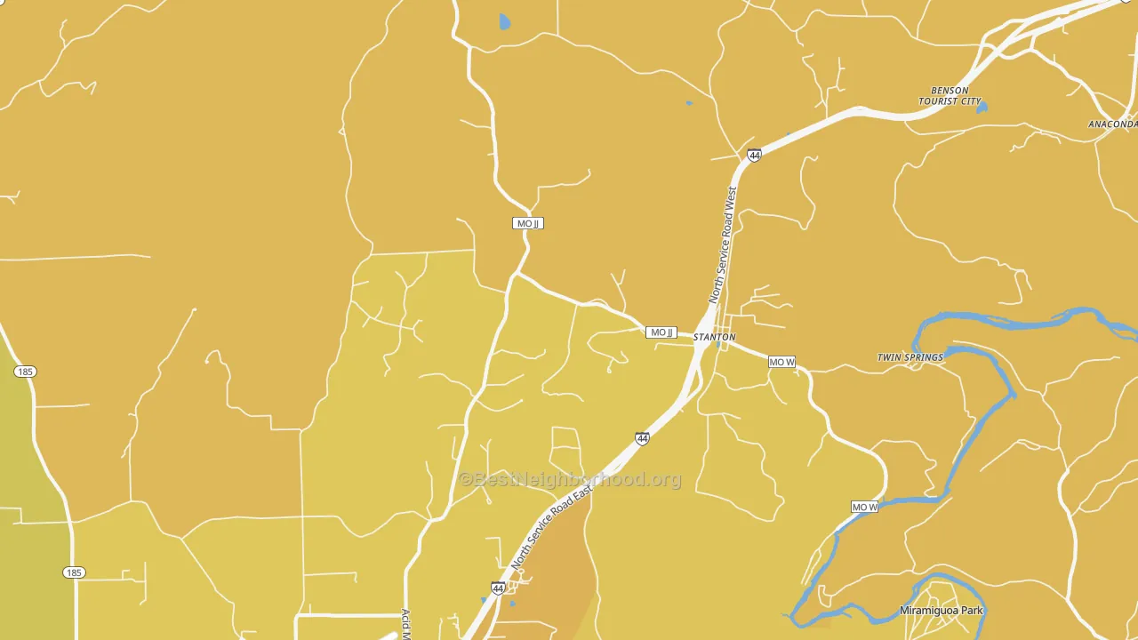 Map of the best neighborhoods in the Stanton area, with better matches in green and worse matches in red