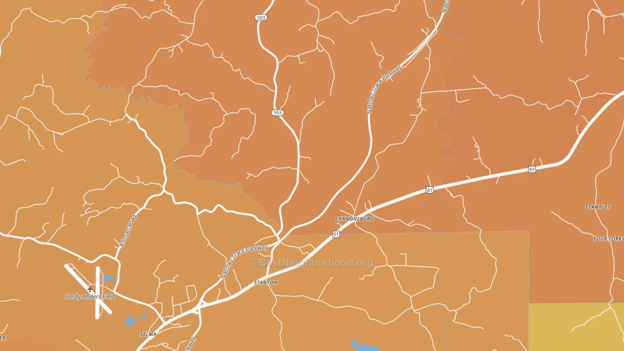 Map of the best neighborhoods in the Stanton area, with better matches in green and worse matches in red