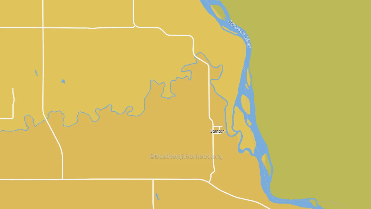 Map of the best neighborhoods in the Stanton area, with better matches in green and worse matches in red