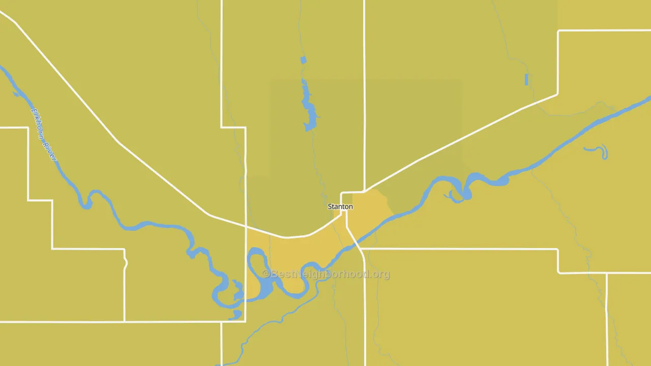 Map of the best neighborhoods in the Stanton area, with better matches in green and worse matches in red