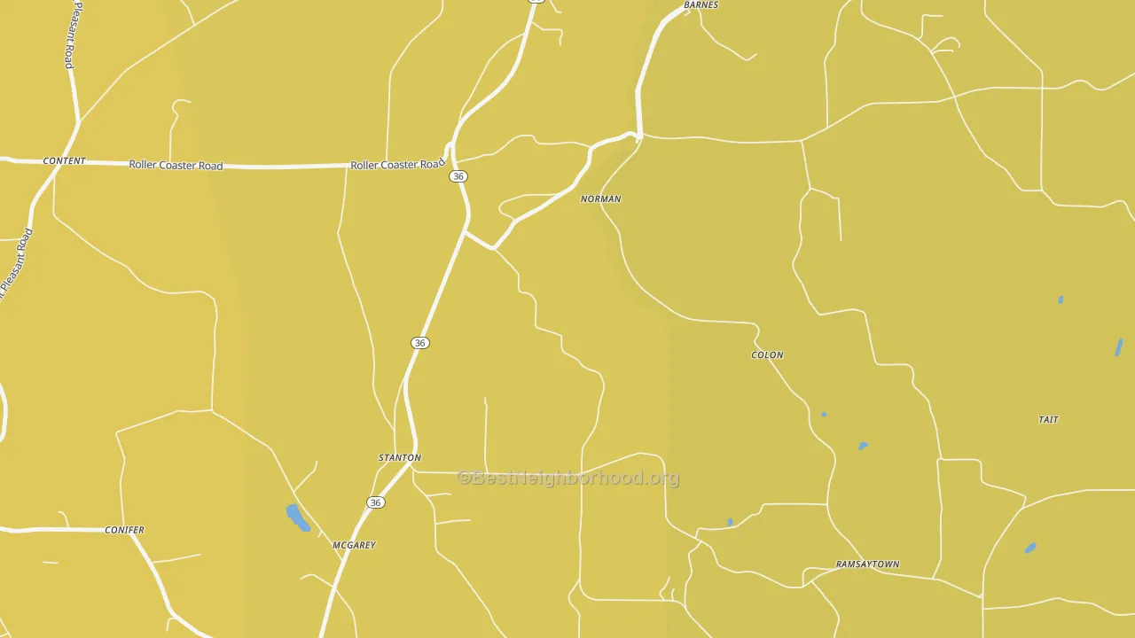 Map of the best neighborhoods in the Stanton area, with better matches in green and worse matches in red