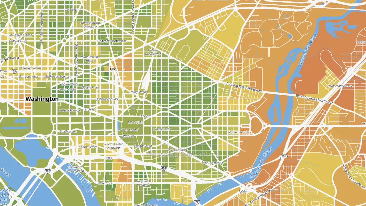 Map of the best neighborhoods in the Stanton Park, Washington area, with better matches in green and worse matches in red