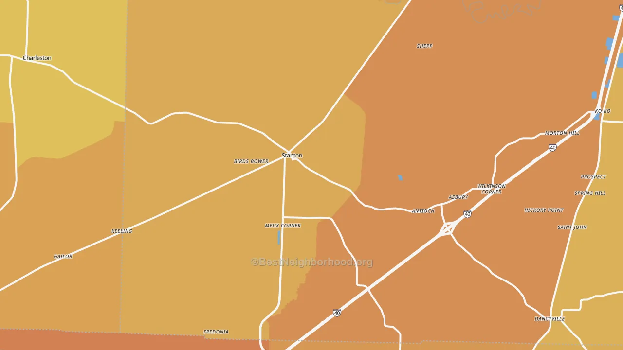 Map of the best neighborhoods in the Stanton area, with better matches in green and worse matches in red