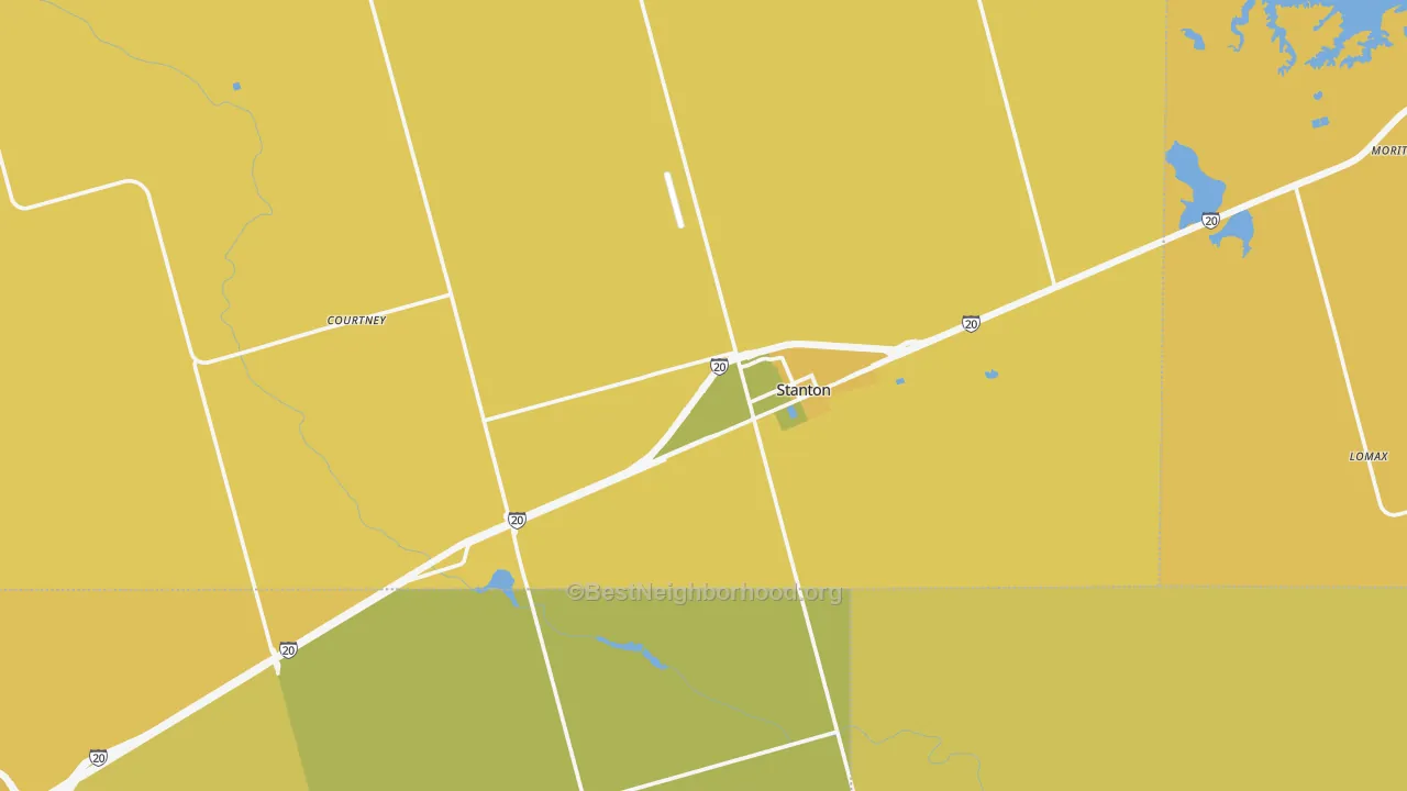 Map of the best neighborhoods in the Stanton area, with better matches in green and worse matches in red