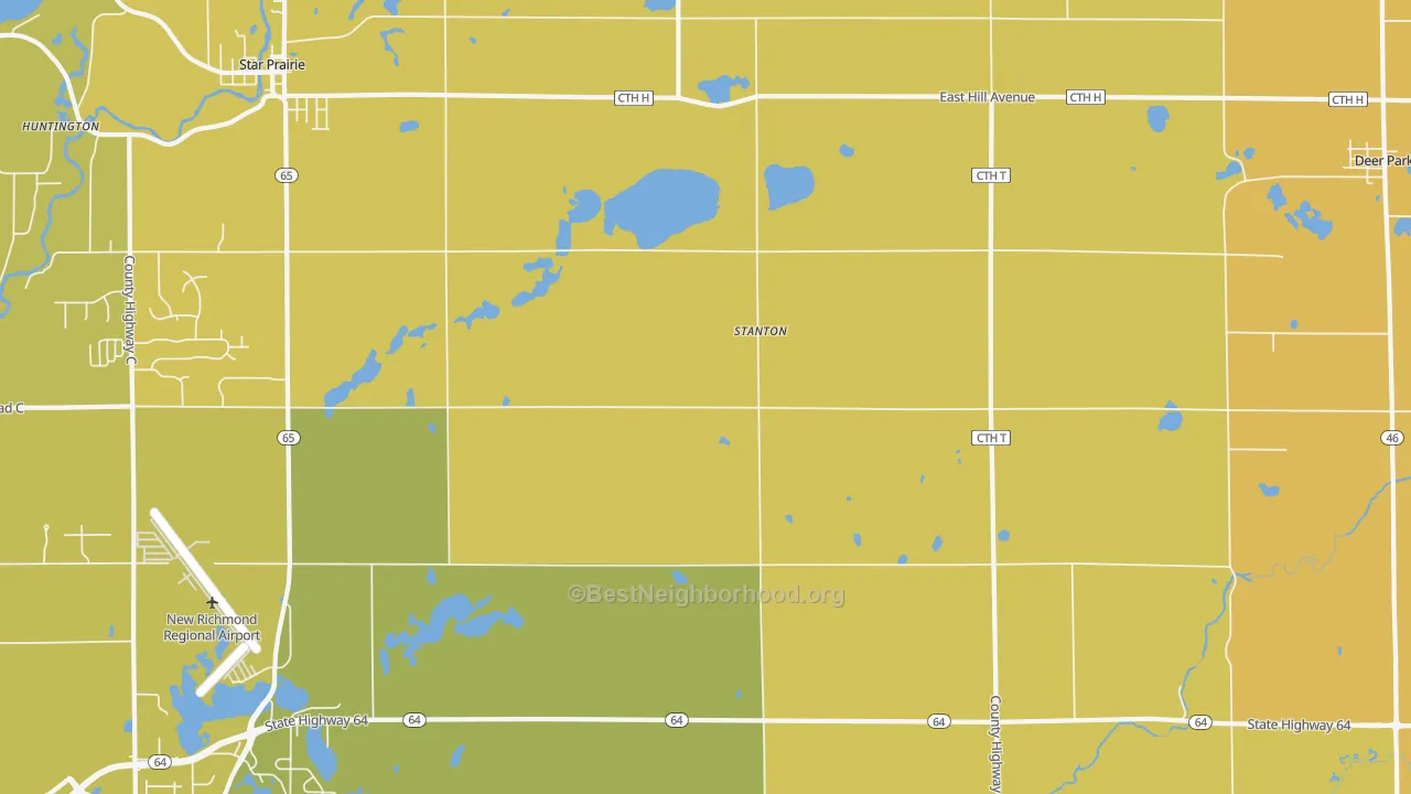 Map of the best neighborhoods in the Stanton area, with better matches in green and worse matches in red