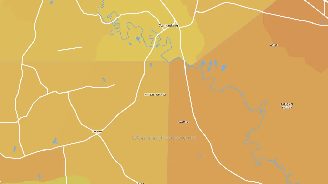 Map of the best neighborhoods in the Stantonsburg area, with better matches in green and worse matches in red